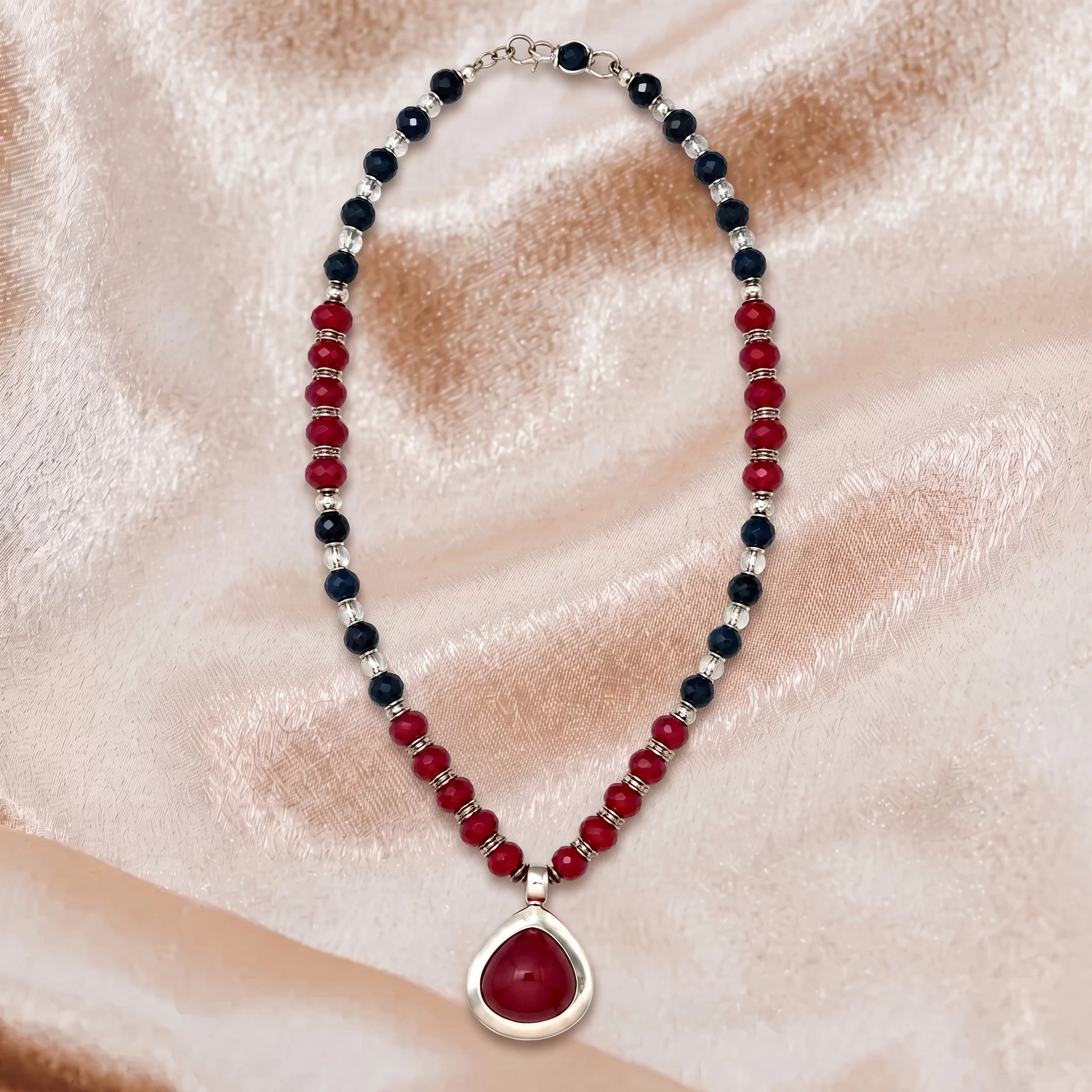 Crimson Elegance Silver Necklace